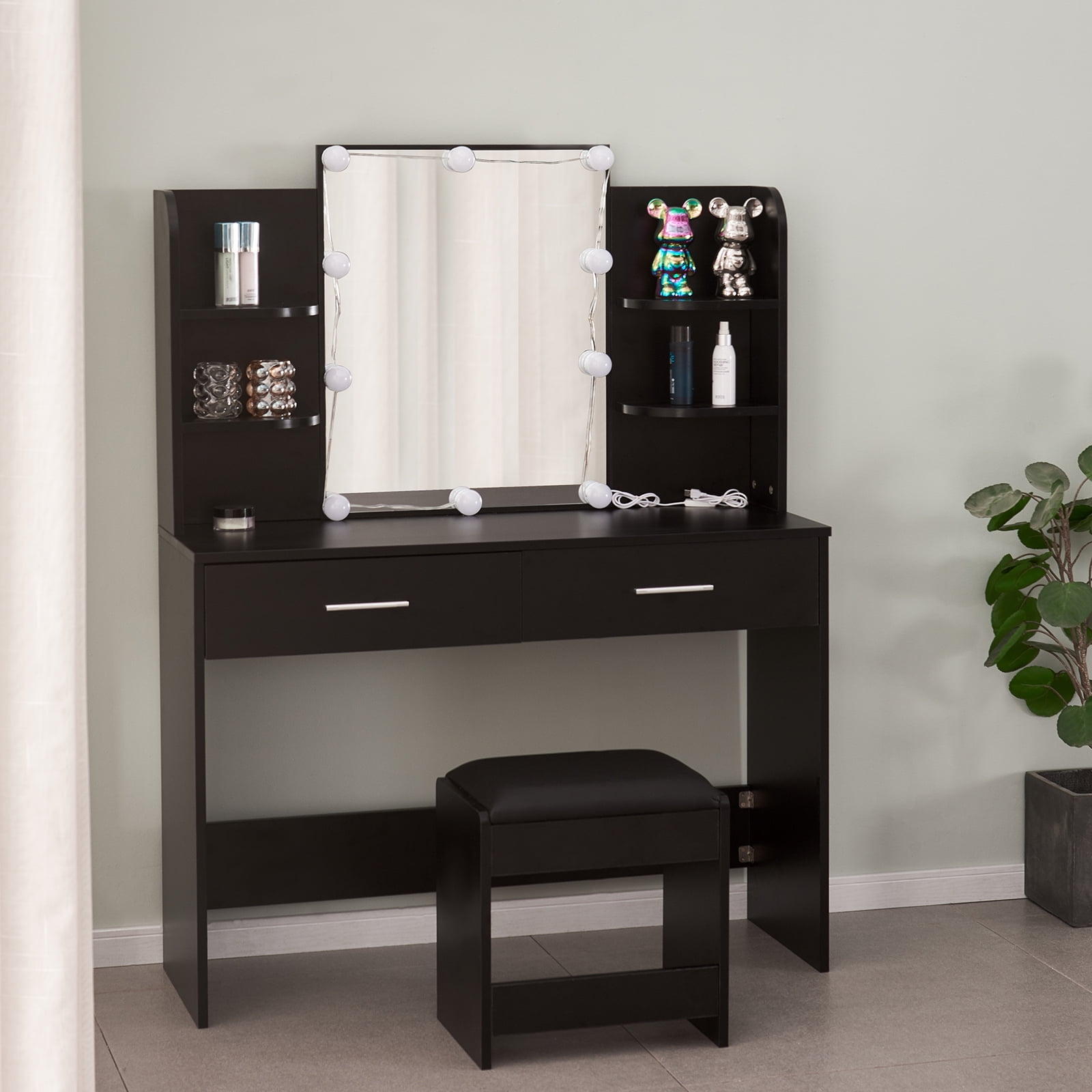 Resenkos Modern Makeup Vanity with 10 Light Bulbs Mirror and Cushioned Stool, Make Up Vanity Station with 2 Drawers, Black Resenkos Modern Makeup Vanity with 10 Light Bulbs Mirror and Cushioned Stool, Make Up Vanity Station with 2 Drawers, Black
