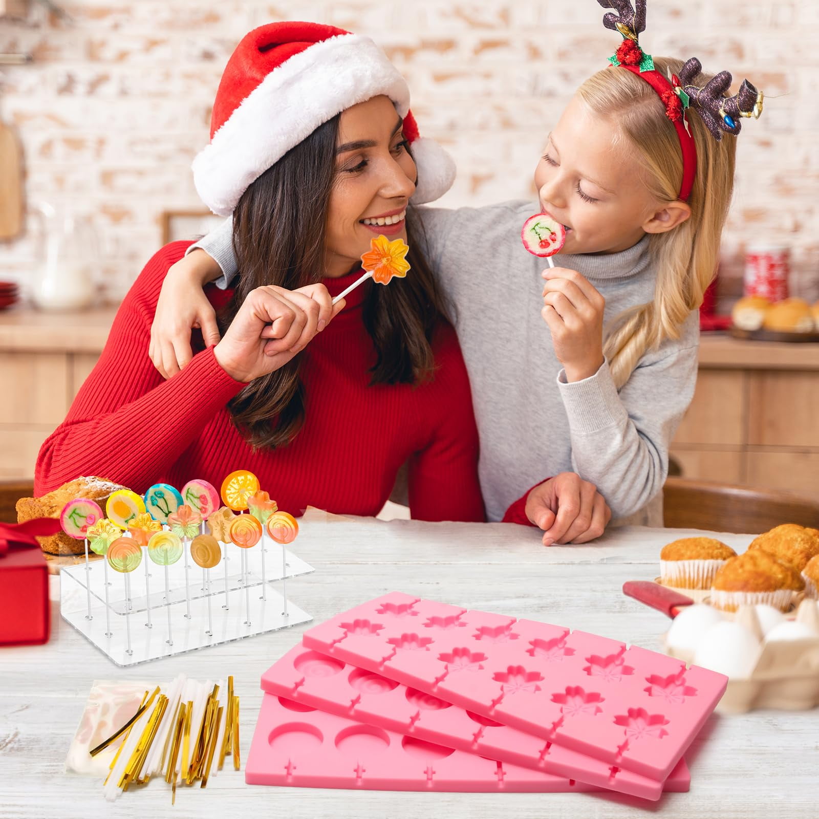 304Pcs Silicone Lollipop Molds Kit, Plutput Lollipop Maker Molds Set Pink Cake Pop Mold Kit for Chocolate Silicone Mold with 15 Holes Acrylic Lollipop