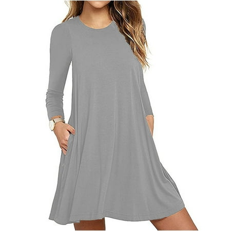 

Ichuanyi Womens Fall Tops Clearance Ladies Fashion Casual Long Sleeve Pure Color Loose T-shirt Dress with Pockets