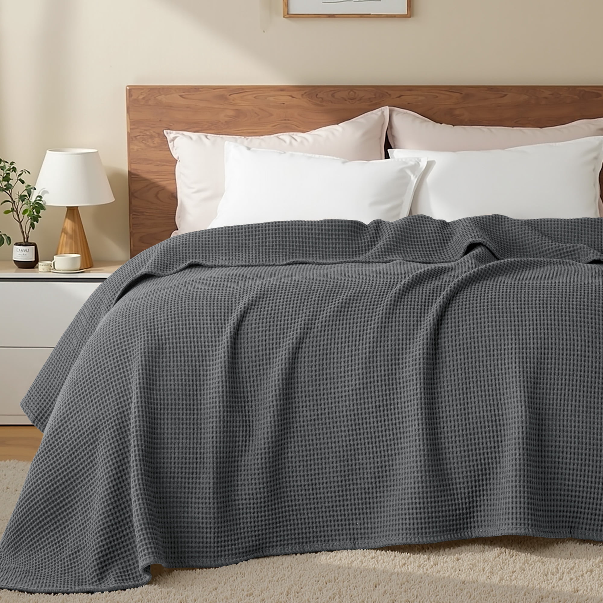 Exclusivo Mezcla 100% Cotton Waffle Blanket Queen Size for Bed, Lightweight and Breathable Gauze Muslin Blanket for Summer, Moisture-Wicking, Home Decor, 90"x90", Dark Grey