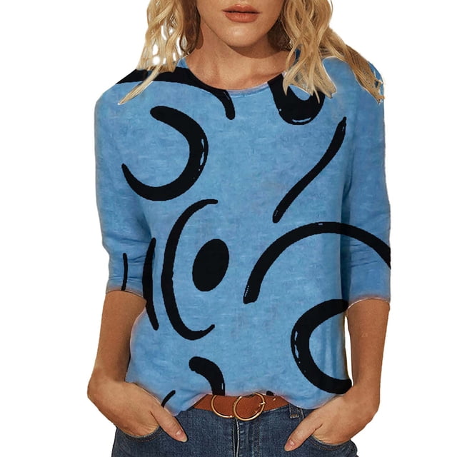 IROINNID T-shirt à Manches Longues en Polyester pour Femmes, T-shirt Imprimé de Loisirs, Blouse Mi-Longue à Col Rond, Bleu