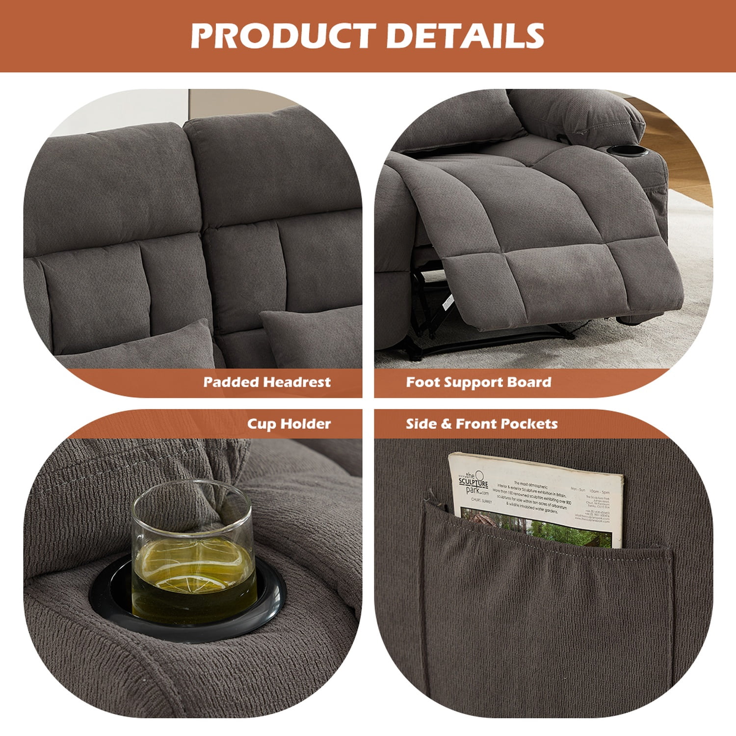 Alvantor Loveseat Recliner Sofa for Adults with Cup Holders, Modern Overstuffed Manual Sofa Chair for Home Theater Grey