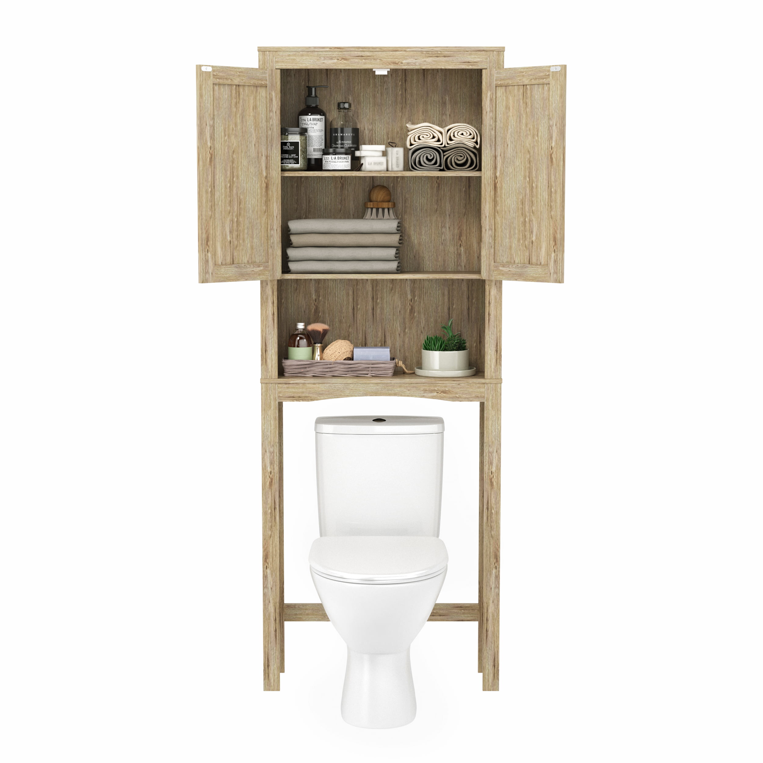 Wood Bathroom Toilet Over the Toilet Space Saver w/ 3Shelves and 2Doors Wall