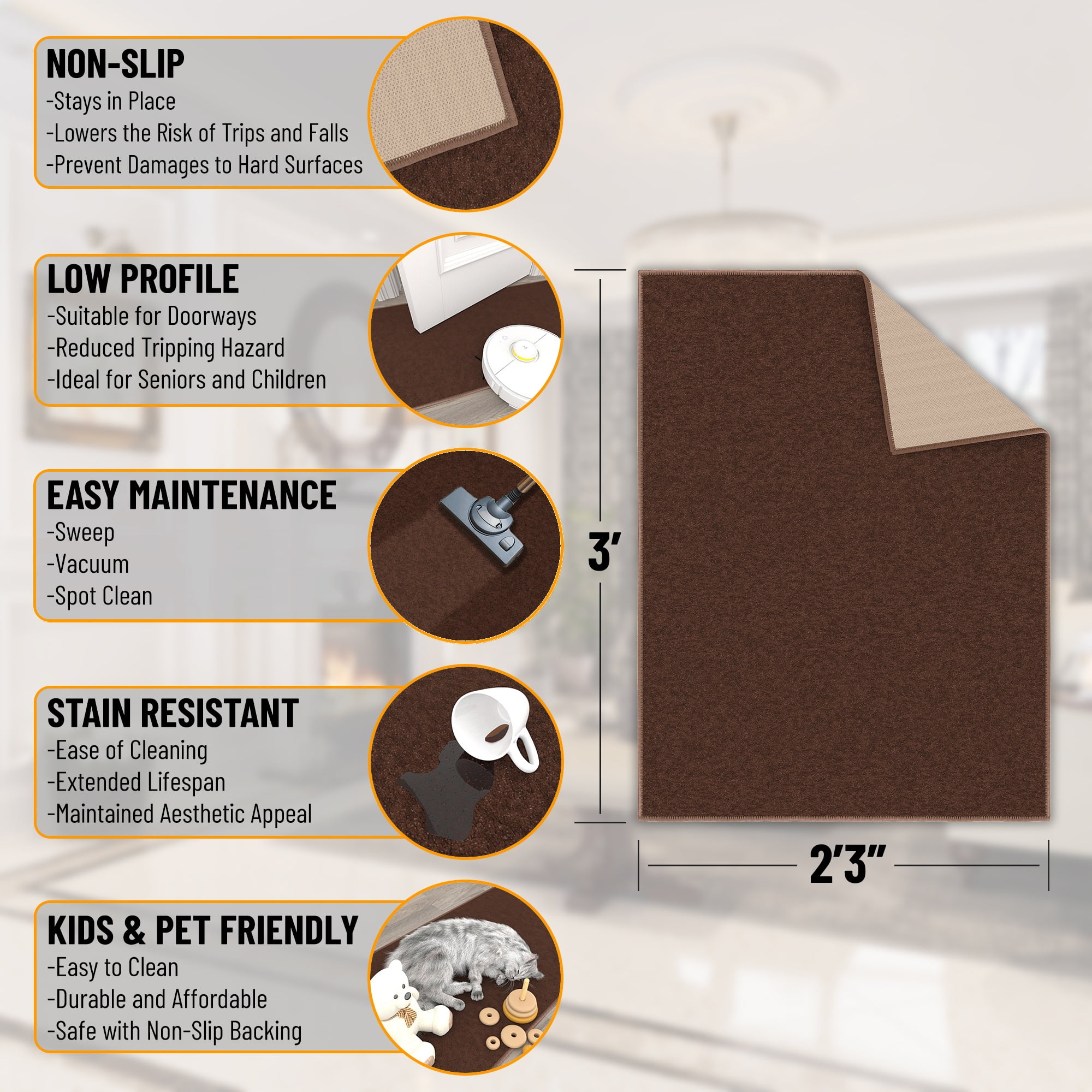 Ottomanson Solid Indoor Doormat 2'3" x 3' - Non Slip Low Pile Area Rug for Entryway, Brown