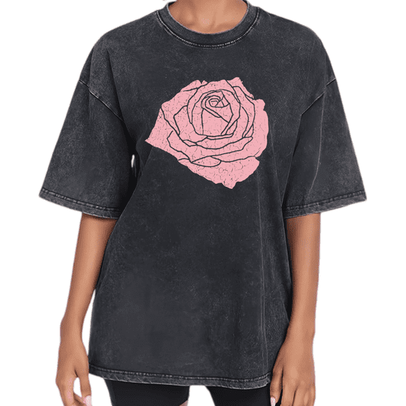UNISHE Women's Distressed Rose Print Vintage Washed T-Shirt Short Sleeve Loose Fit Tee