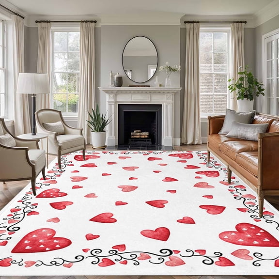 5'x7' Area Rugs for Living Room Bedroom, Red Valentines Washable Rug Carpet Runner Indoor Outdoor, Watercolor Love Heart Non Slip Floor Mats Area Rug for Kitchen, Nursery
