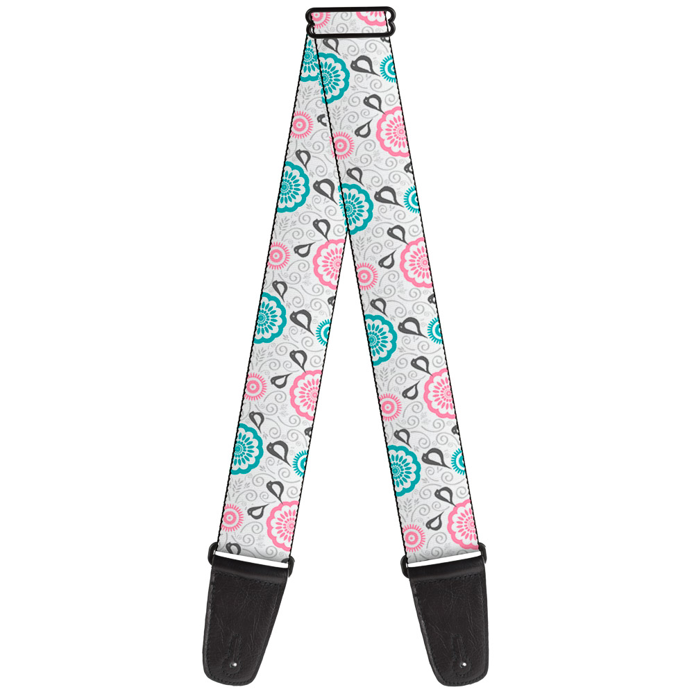 Buckle-Down Guitar Strap, Bird Tapestry White Gray Turquoise Pink, 2 Inches Wide