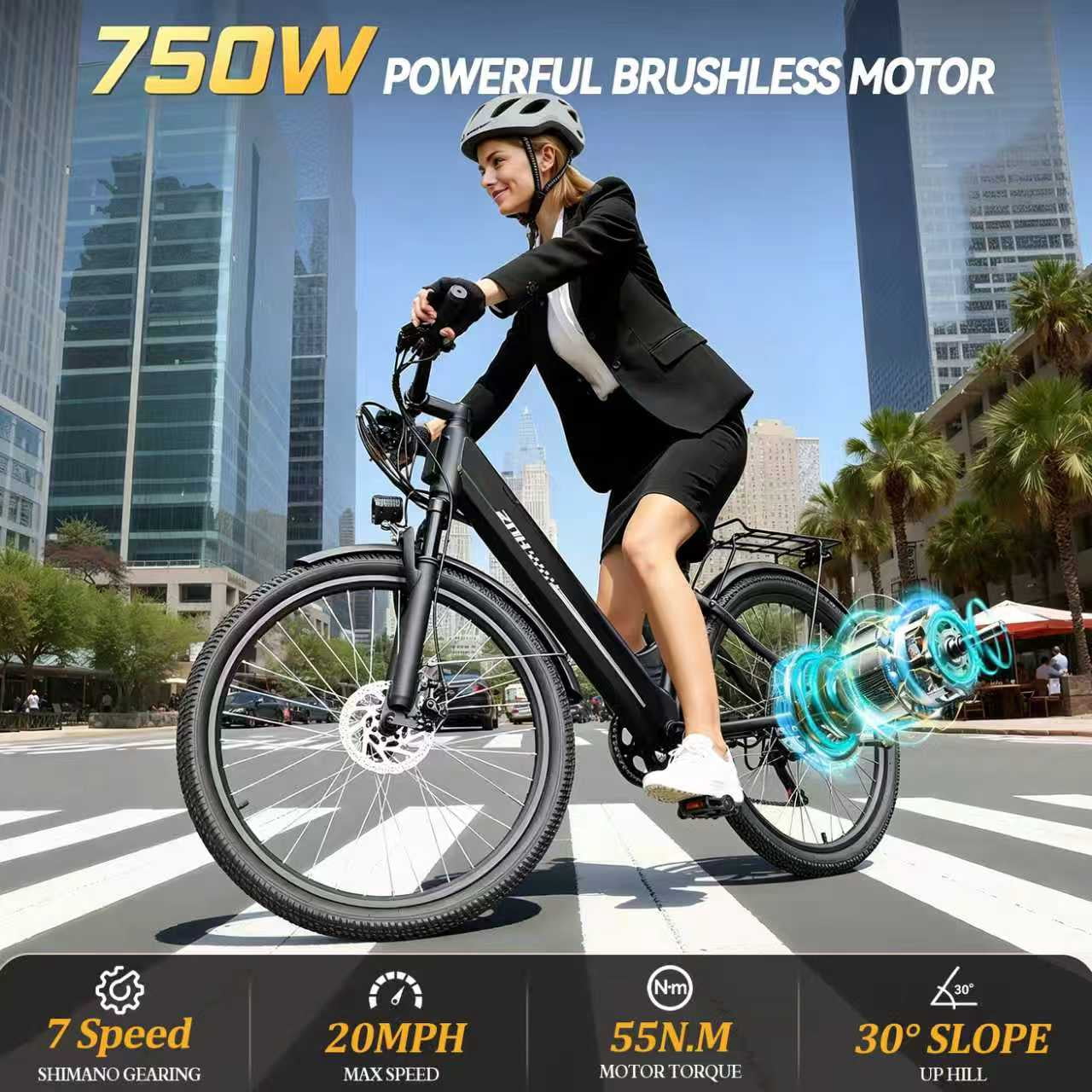 ZNH 26"Low Step Commuter Electric Bike for Adults|750W Powerful Motor Adult Electric Bicycles Max 20mph|48V 13Ah Removable Battery Women City Ebike|UL2849|Black