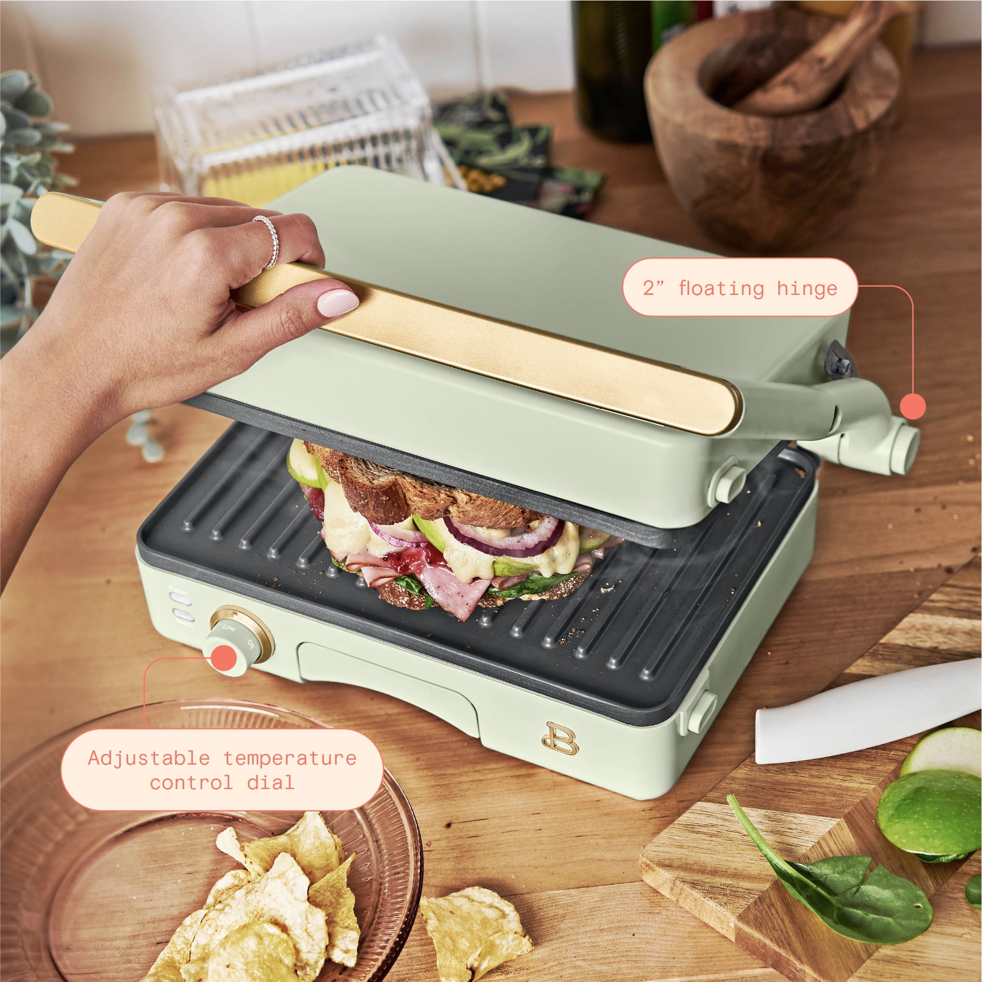 Beautiful 2-in-1 Panini Press & Grill with Detachable Plates, Sage Green by Drew Barrymore