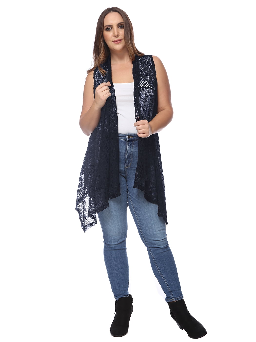 Anna-Kaci Women's Plus Size Bohemian Open Front Crochet Bikini Cover Up Sleeveless Draped Shawl Cardigan Vest, Navy, X-Large/XX-Large, Blue