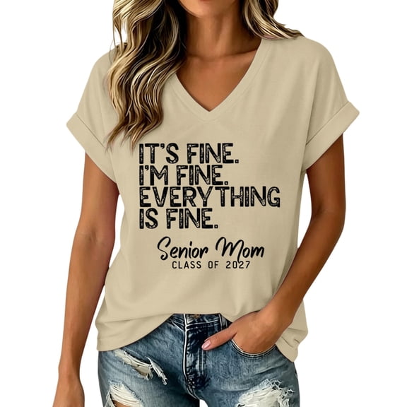 BODOAO Women's Senior Mom Shirt Class of 2027 Short Sleeve V Neck Graphic T-Shirt 2027 Senior Mom Tee Proud Senior Mom Graduate Shirt for Senior Year Graduation Tee Beige L