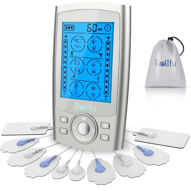 Estimulador muscular TENS EMS de doble canal Belifu con 24 modos para aliviar el dolor, masajeador electrónico de pulso con 10 almohadillas, bolsa de almacenamiento con cordón antipolvo y bridas.