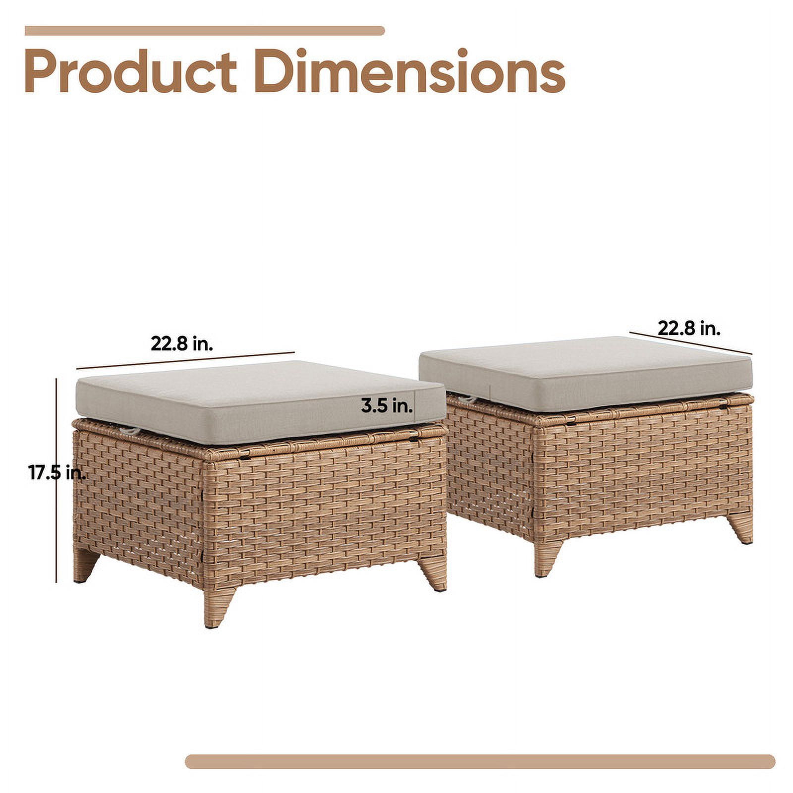 PARKWELL 2PCS Outdoor Wicker Ottoman Patio Rattan Furniture Footrest Seat Square Footstool w/Beige Cushion