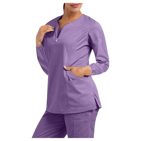 

Xutthjh Women Scrubs Top Long Sleeve V-Neck Pocket Working Uniform Top Nurses Clothing Printed T-Shirt Casual Workwear T-Shirt With Pocket Solid Color Tops
