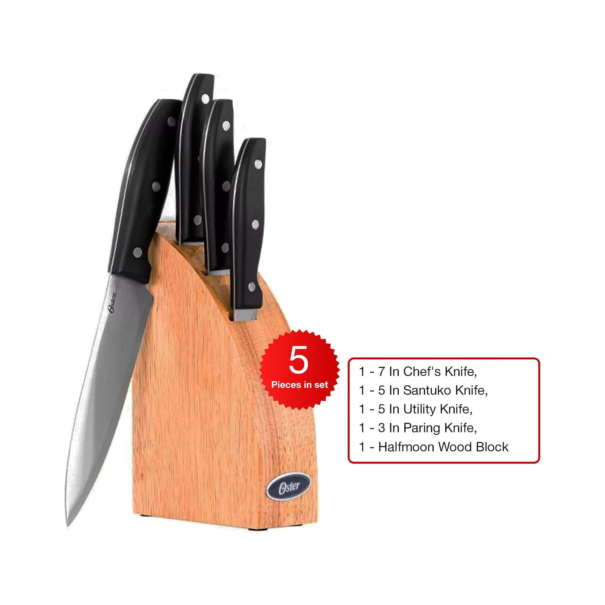 Oster 62377.05 5 Piece Granger Cutlery Set with Halfmoon Natural Wood Block