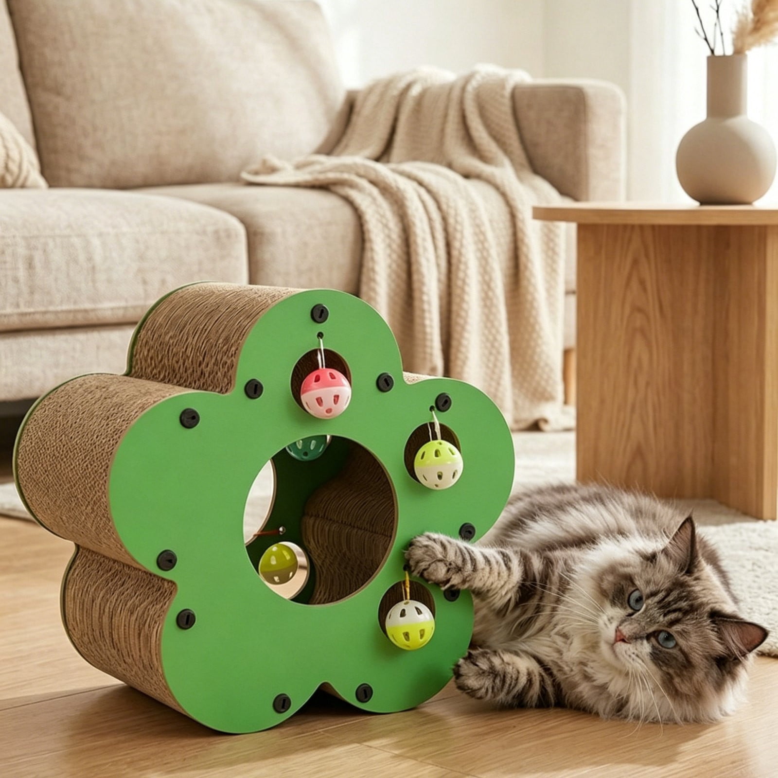 Ikohbadg Corrugated Cardboard Cats Scratcher, Interactive Climbing Toy for Indoor Cats with Bells, Durable Scratch Pad and Playground for Multiple Cats, Engaging Entertainment for Feline Fun