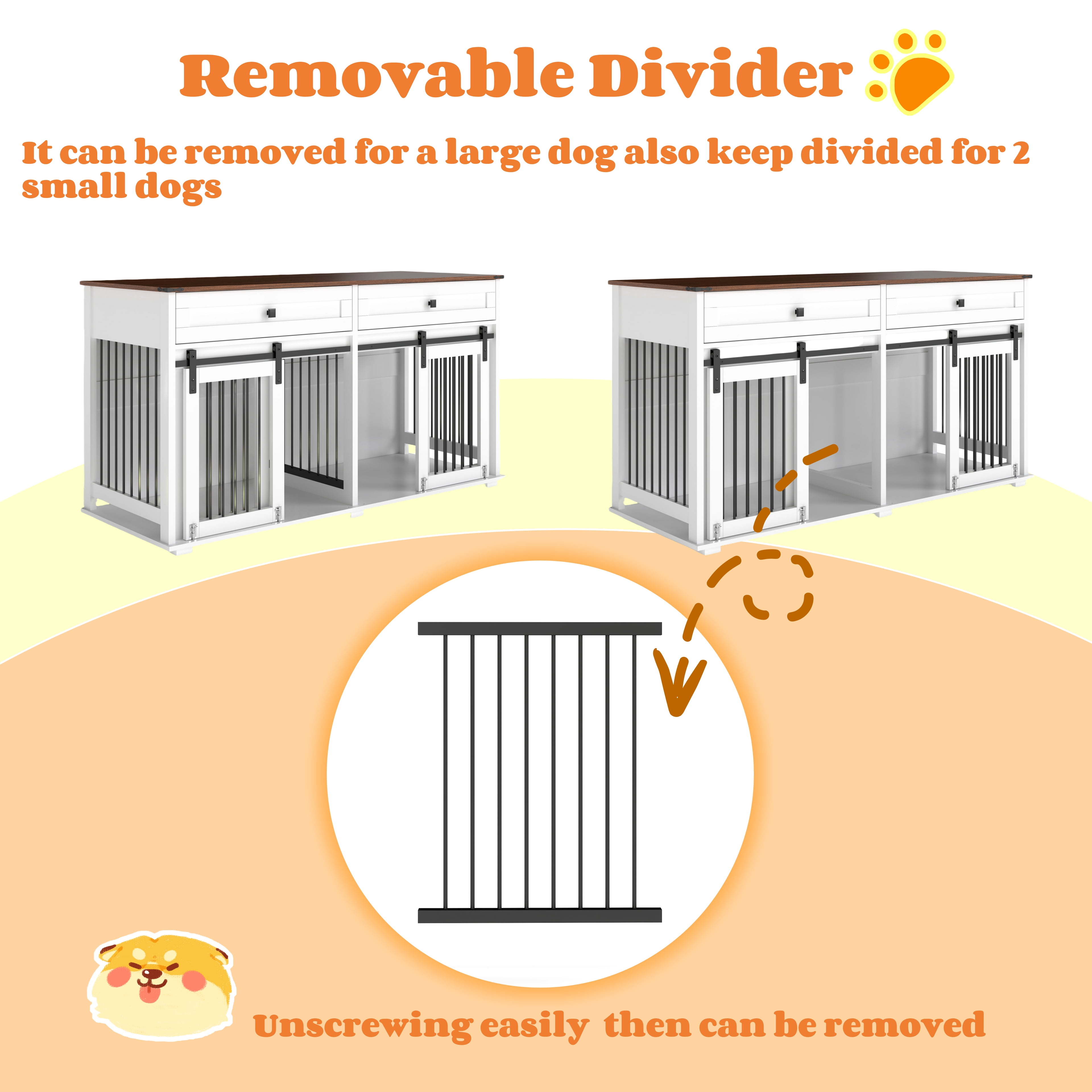 63" Large Dog Crate Furniture for Double Dog, Wooden Dog Kennel with 2 Drawers, Divider and Sliding Door, Water Resistant Indoor Pets Furniture Style Double Dog Crates