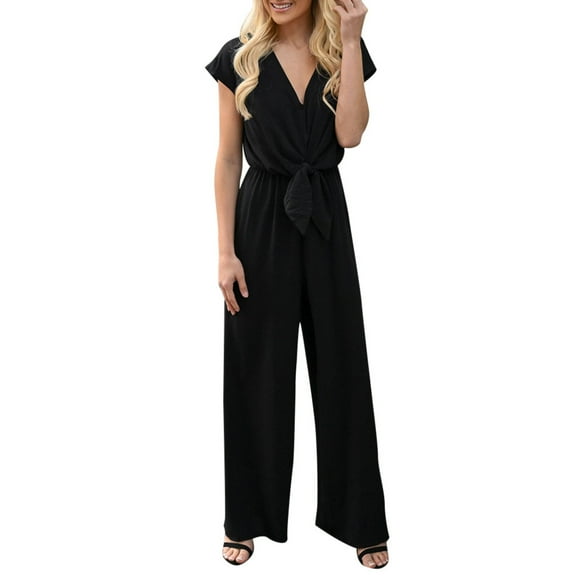 Outfmvch jumpsuits for women Summer V Neck Lace Up Short Sleeve Rompers Jumpsuit Playsuit pants for women cargo pants