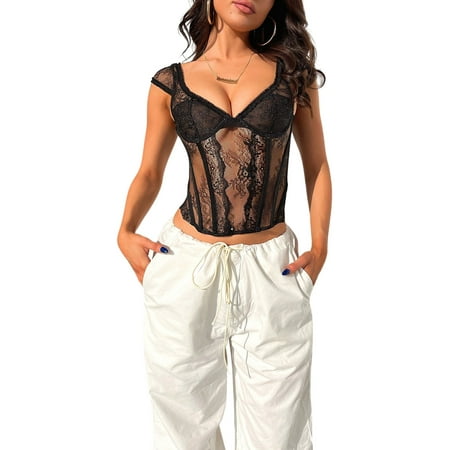 

Tregren Women Sheer Floral Lace Bustier Top Casual V Neck Slim Fit Sexy Basic T-shirts