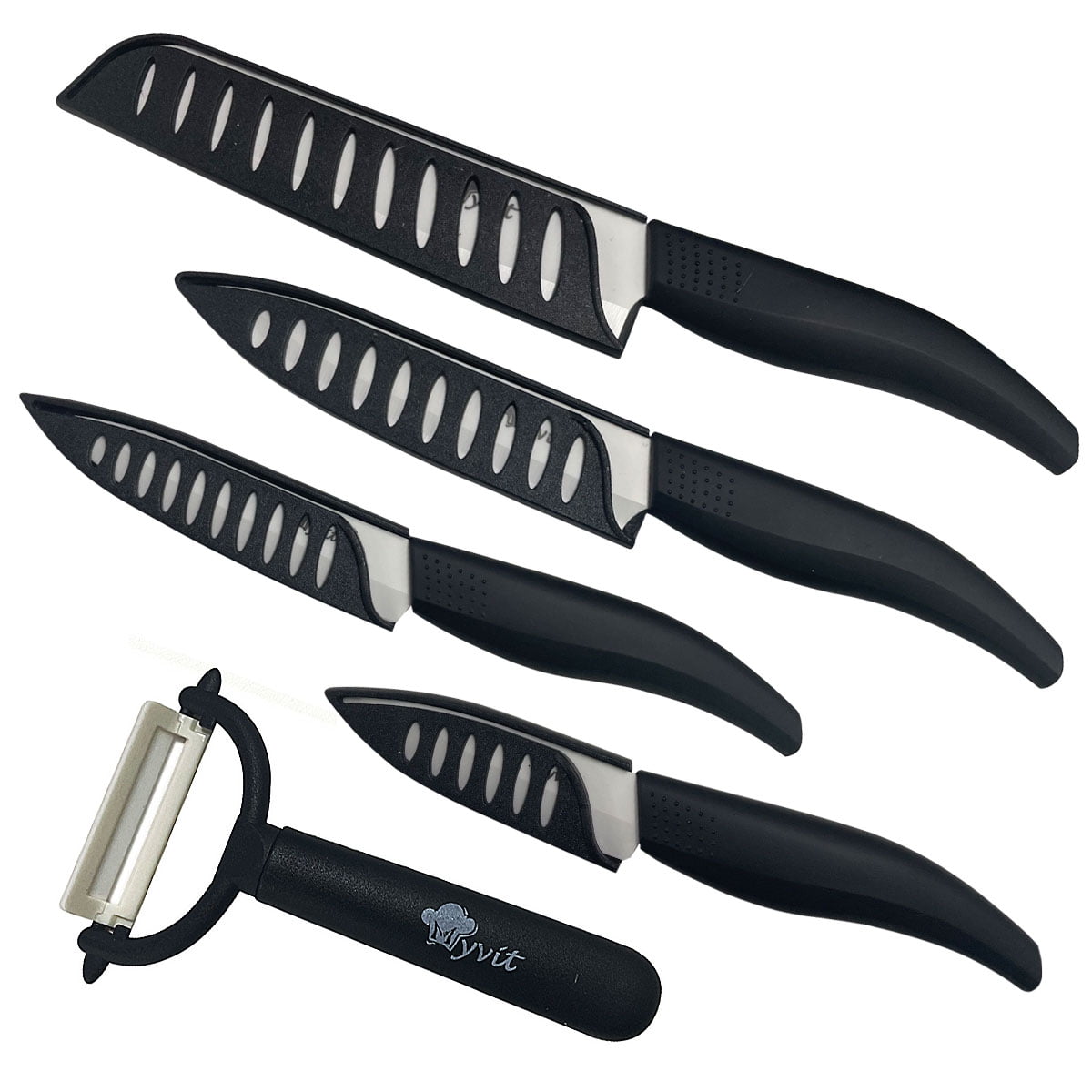 6 Piece Kitchen Knife Set with Sheaths Black Set Ceramic Knife 8 Chef Knife,  8 Slicer Knife,7 Larger Cleaver,5 Utility Knife, One Peeler,Scissors 