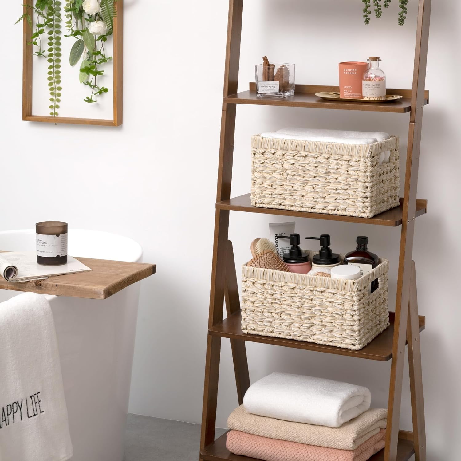 GRANNY SAYS Wicker Storage Baskets for Shelves, Waterproof Woven Baskets for Organizing, Hand Woven Rectangle Basket for Pantry, Butter Milk, 2-Pack