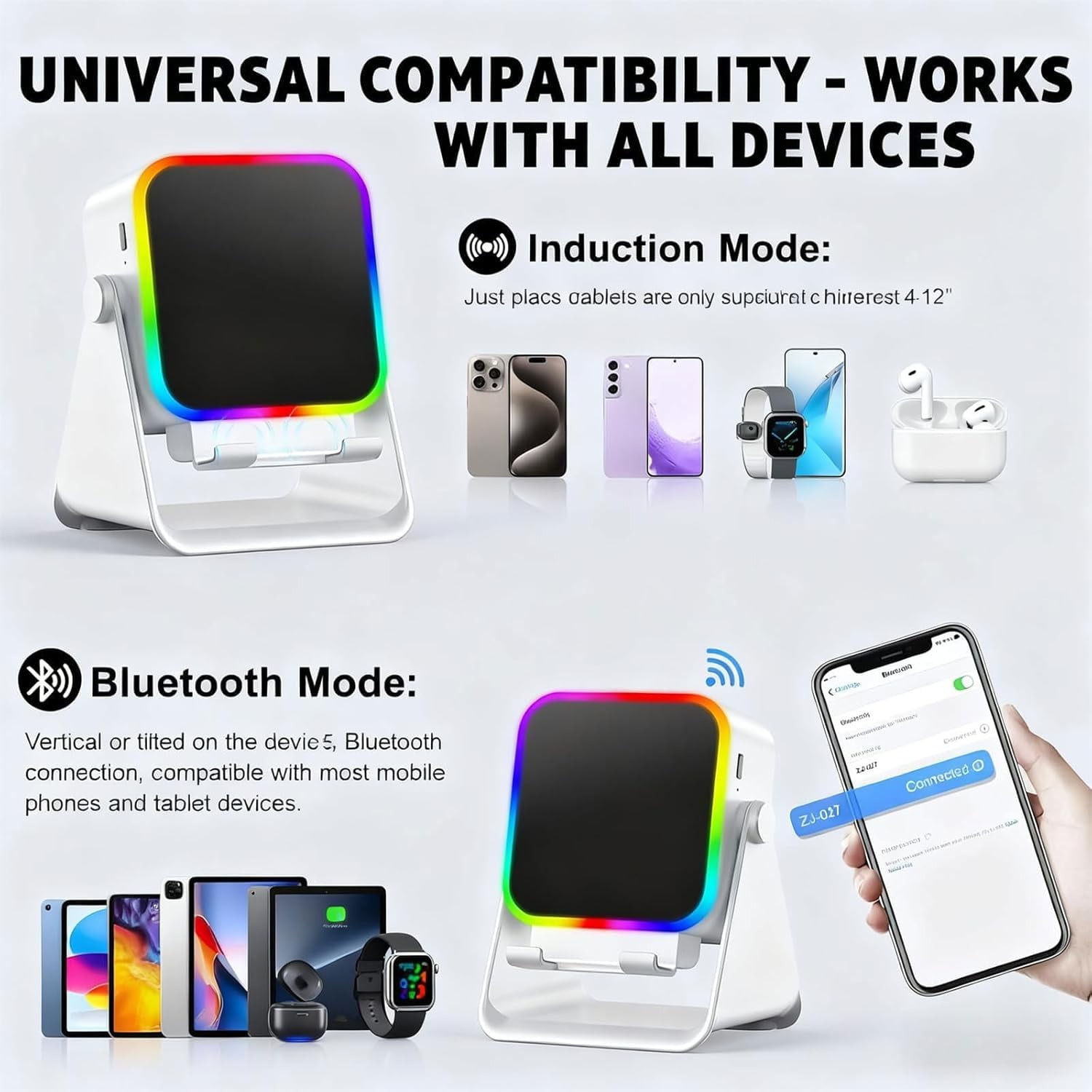 5-in-1 Wireless Induction Bluetooth Speaker with Adjustable Phone Stand, HD Stereo Sound, 5000mAh Rechargeable, 8 RGB Colorful Ambient Light, 360° Foldable Audio Cellphone Holder for iPhone (Mix, 2)