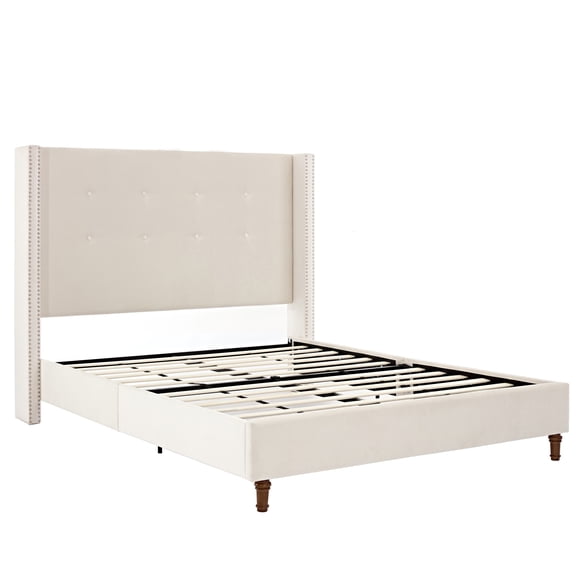 Miniyam Queen Size Wingback Contemporary Platform Bed, Beige