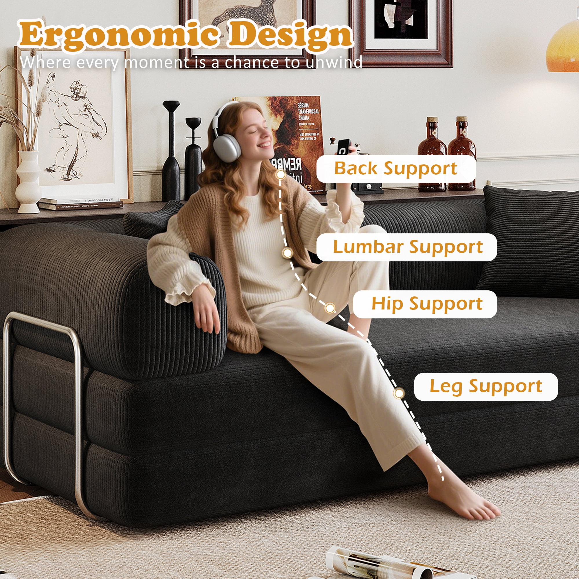 Eyisean 78.8" Corduroy Convertible Sofa Bed with Stainless Fixed-Shape Frame, 4-in-1 Boneless Loveseat with Pull-Out Bed, Lounge Futon Sofa Couch Floor Mattress for Living Room, No Assembly Required