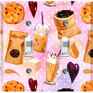 Metal Light Switch Wall Plate Outlet Cover (Coffee Mocha Espresso Grounds Cookie Sugar Treats Love Caramel Shake Pink Polka Dots - Double Toggle)