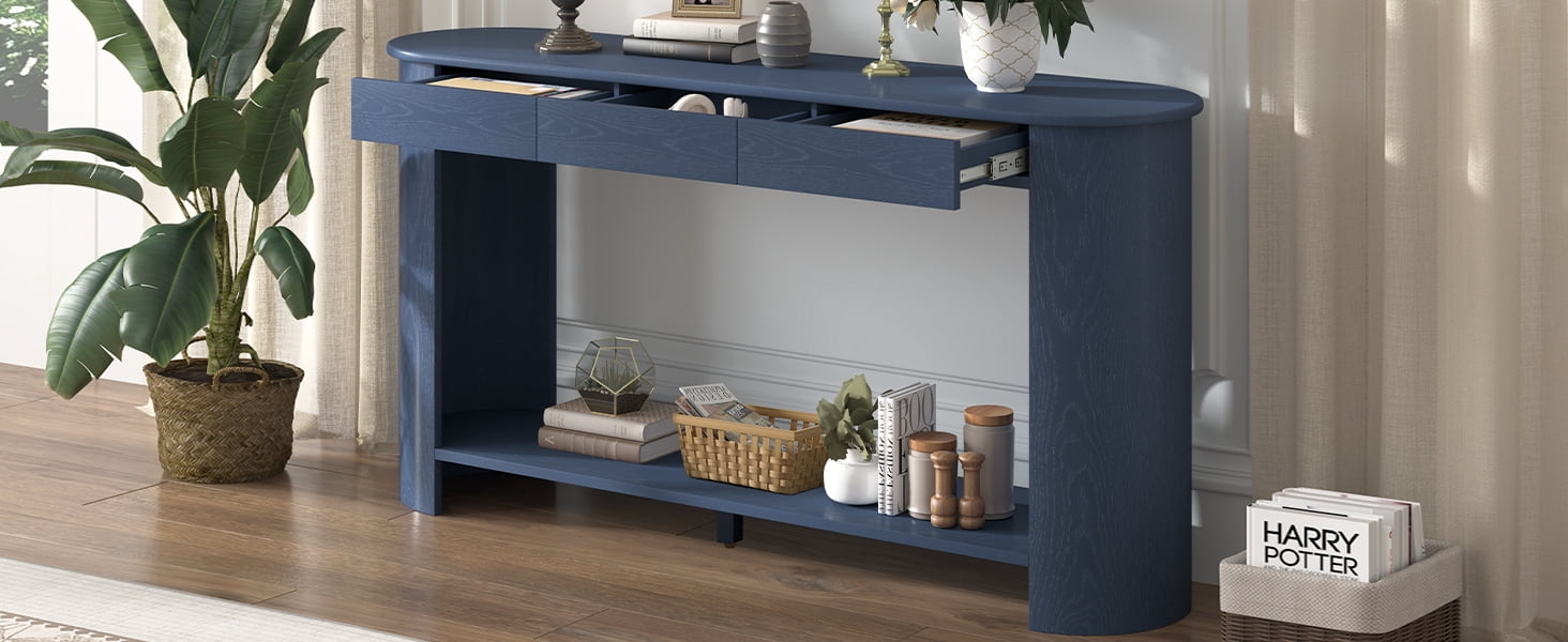 Mintazer 60" Modern Console Table, Entryway Table with 3 Drawers & Open Shelf, Long Sofa Table with Semi-Circular Design for Entryway Living Room, Blue