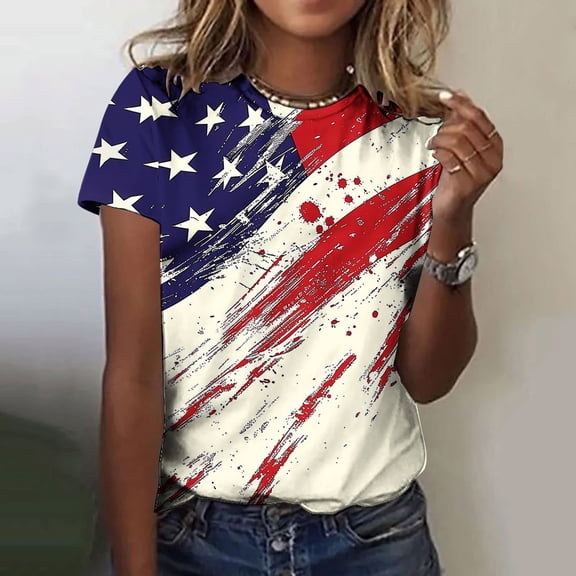 Goodtrade8 July 4th T Shirts for Women Red White and Blue Short Sleeve Plus Size Pullover American Casual Red White and Blue Independence Day , Graphic Crew Neck Juniors Tops Summer