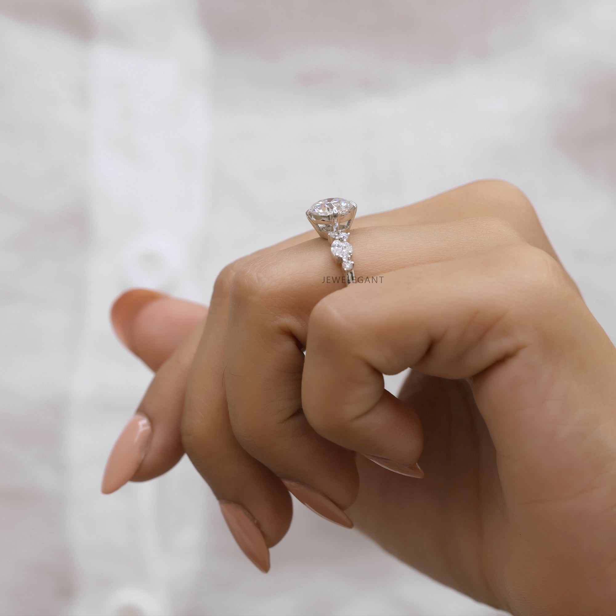 JEWELEGANT 2 Ct Round Brilliant Cut Moissanite Engagement Ring, Nature Inspired Ring for Women