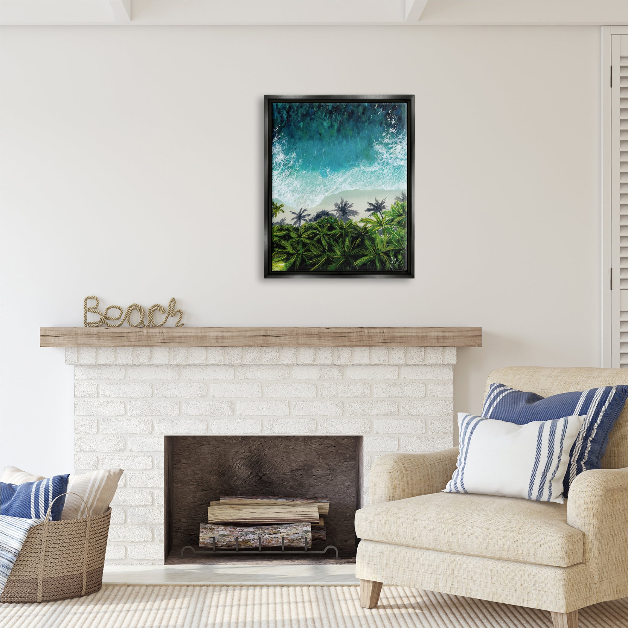 Stupell Industries Aerial View Tropical Beach Nature Painting Black Floater Framed Art Print Wall Art, 25 x 31
