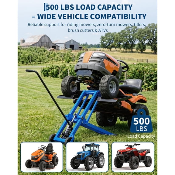 Mteryoing 500 Lbs Hydraulic Lawn Mower Lift with Adjustable Tire Arms & Locking Height Slots, Heavy-Duty Carbon Steel Jack for Riding Mowers & ATVs, Black/Red/Blue