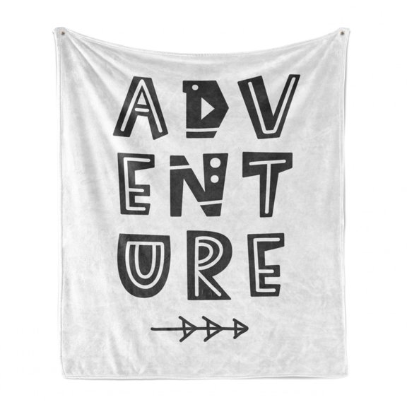 Adventure Soft Flannel Fleece Throw Blanket, Writing Design Concentric Letters in Abstract Scandinavian Style, Cozy Plush for Indoor and Outdoor Use, 50" x 70", Charcoal Grey and White, by Ambesonne