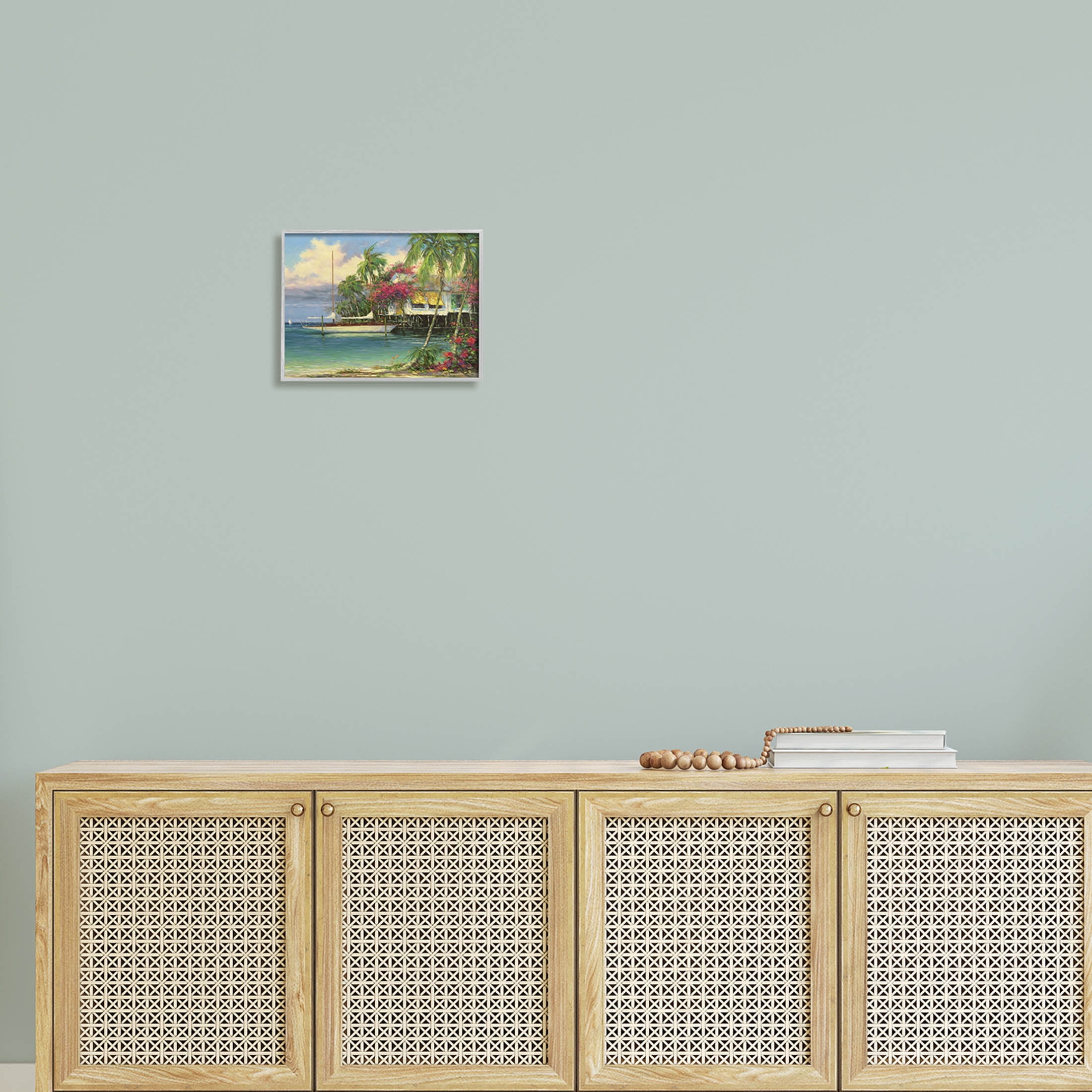 Vacation Waterfront Tropical Pier Coastal Painting Gray Framed Art Print Wall Art