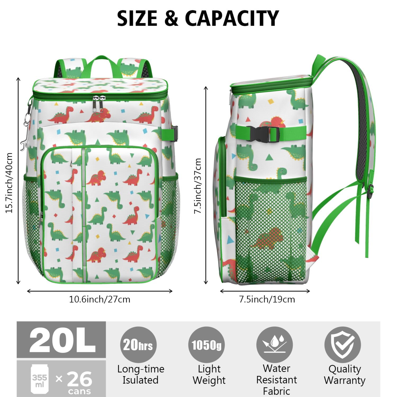 Travel Cooler Bag - White Cartoon Dinosaurs Geometric Shapes Pattern Camping Beer Cooler Backpack with Bottle Opener- Waterproof Insulated Picnic Backpacks - Cooler Bag for Beach