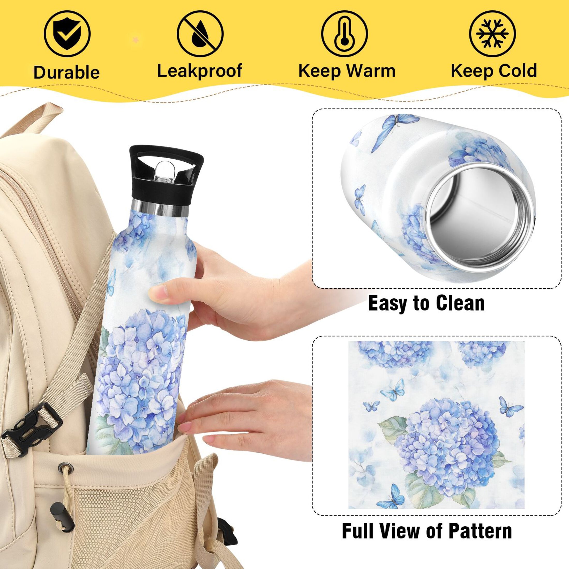 Kids Insulated Stainless Steel Sports Water Bottle 600ml (20oz) Blue Hydrangea Pattern