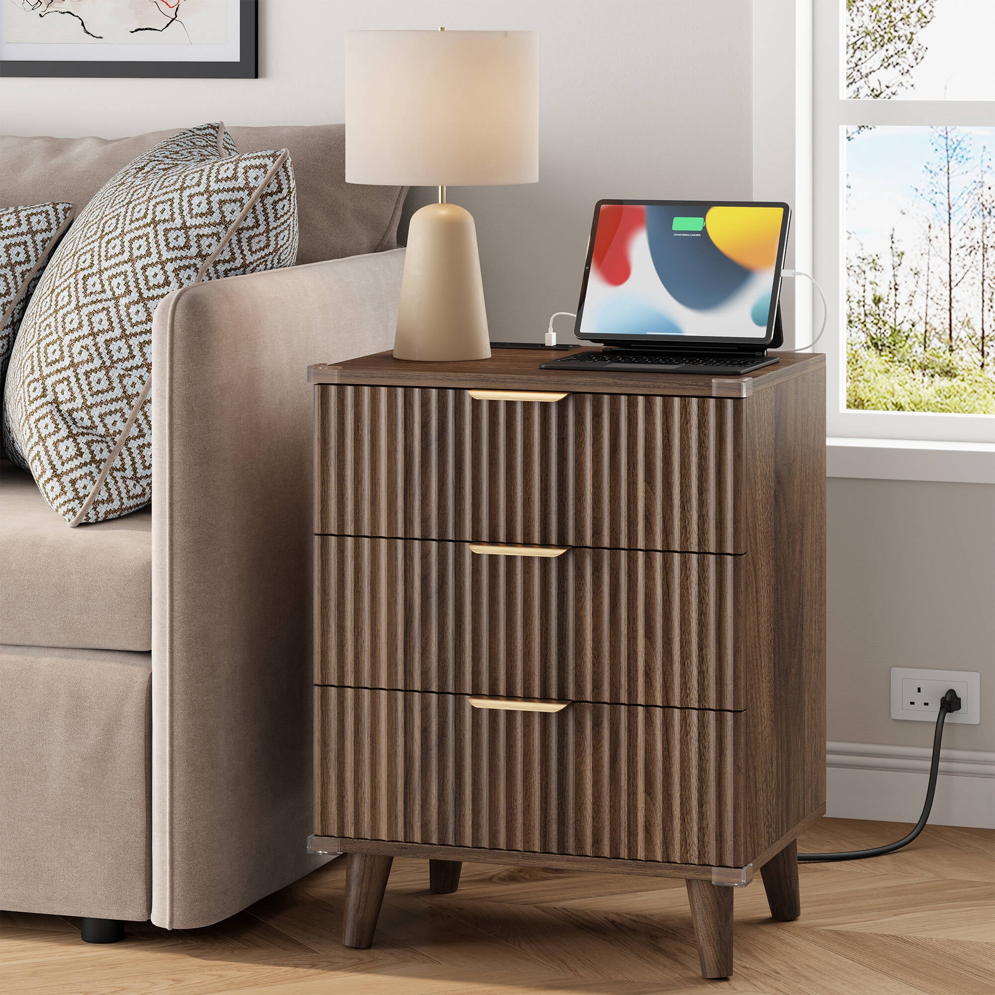 GIKPAL Night Stands for Bedroom Set of 2, Modern Bedside Table with 3 Drawers & Charging Station,Fluted Panel End Tables for Bedroom & Living Room, Walnut