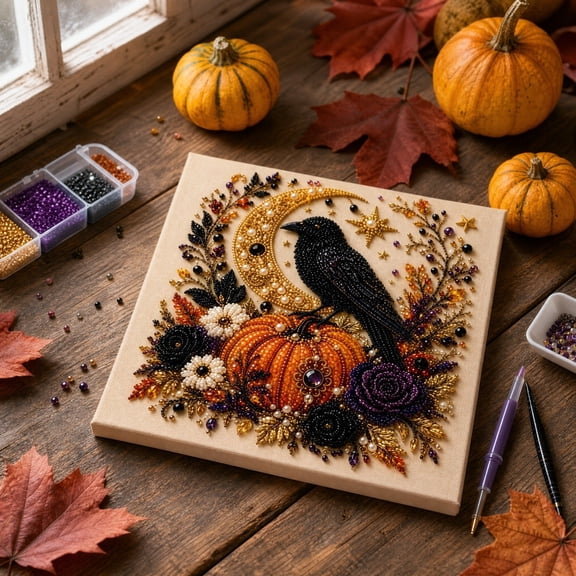 Djiypn Halloween Ghost Pearl Art DIY Kit,Cute 3D Pearl Craft Set for Adults & Beginners,Spooky Ghost Pumpkin Canvas Art for Fall Home Decor,Wall Art for Gift (F)