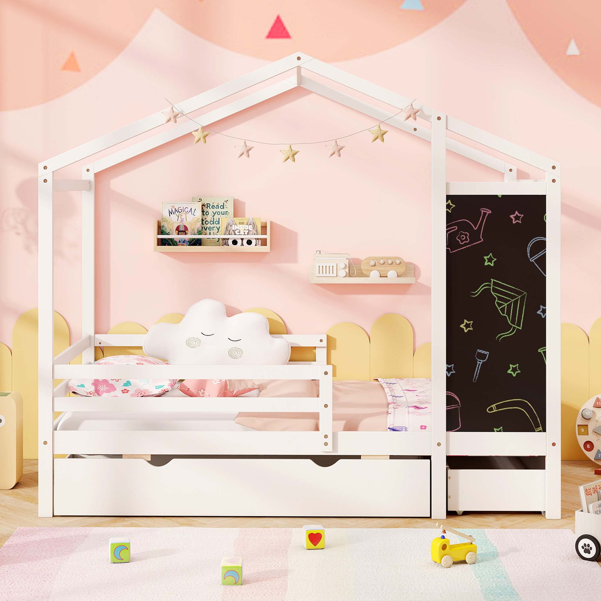 Costway Twin House Bed with 2 Storage Drawers Solid Wood Platform Bed with Blackboard White