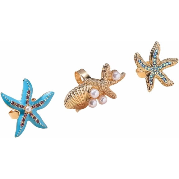 3pcs Shell Pearl Starfish Statement Rings Set for Women Gold Plated Adjustable Rhinestone AB Crystal Scallor Ocean Sea Marine Life Open Wrap Rings Boho Y2K Beach Holiday Jewelry Gifts