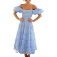 thumbnail image 2 of ZAXARRA Robe d'Été Décontractée Femme A-Ligne Manches Courtes Puff Off Épaule Midi à Carreaux Robe, 2 of 7
