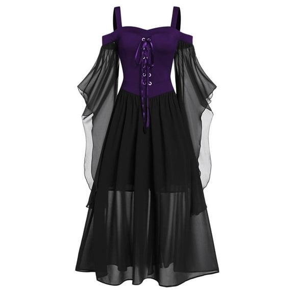 comerut Women Dress Cold Shoulder Butterfly Sleeve Halloween Mesh Patchwork Bandage Large Hem Witch Dress for Cosplay