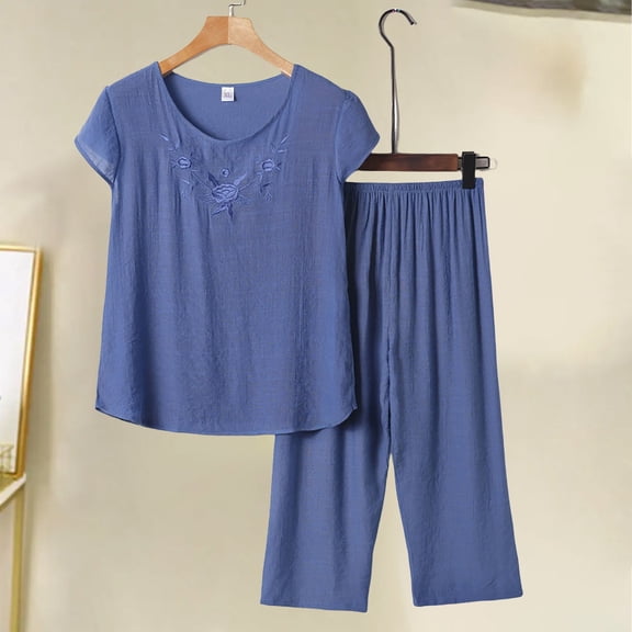 HLKJKLS Pajamas For Women Set Plus Size Short Sleeved 3/4 Length Pants Pajama Set Cotton Linen Soft Breathable Loose Home Wear For Daily Use Xl-4Xl
