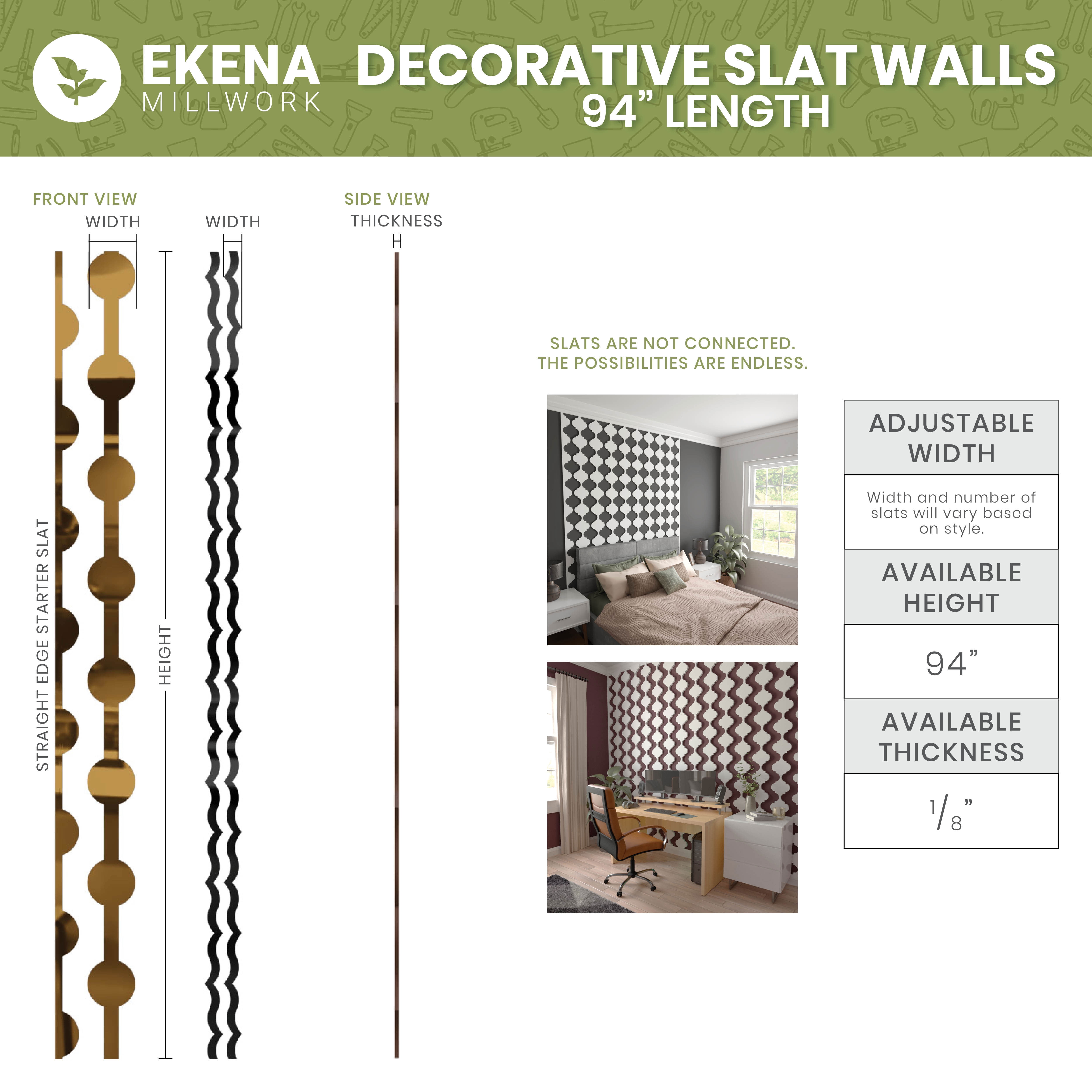 Ekena Millwork 94"H x 1/8"T Midland Adjustable Acrylic Decorative Slat Wall Panel Kit, Silver Mirror (contains 29 Slats + 1 Straight Edge Starter Slat)