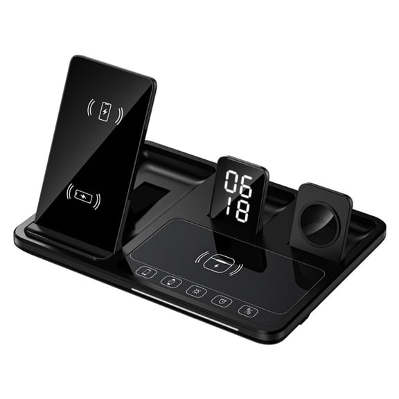 4-in-1 Clock Wireless Charging Station for Smartphones Smartwatches & Earbuds-Black