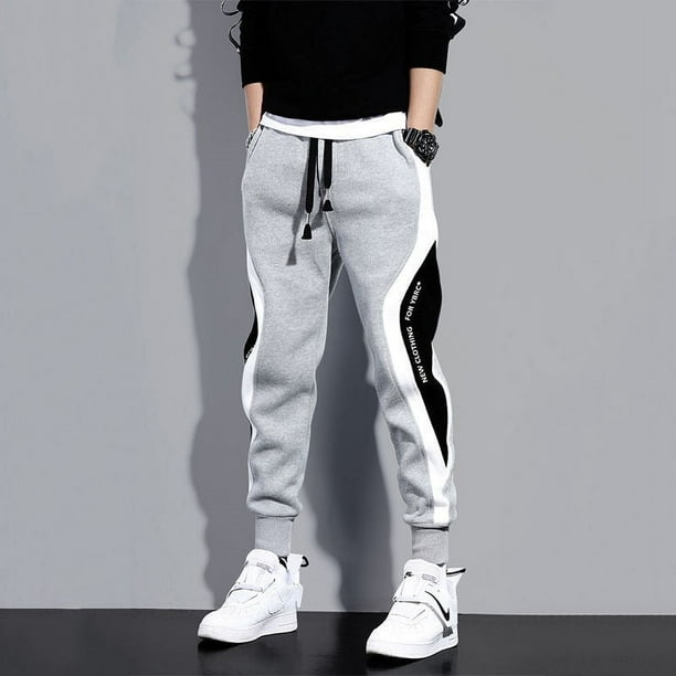 Pantalones con forro polar para hombre, otoño e invierno, gruesos, cálidos, de moda, con costuras en contraste de color, bordados, pantalones deportivos ingleses con tobillos atados