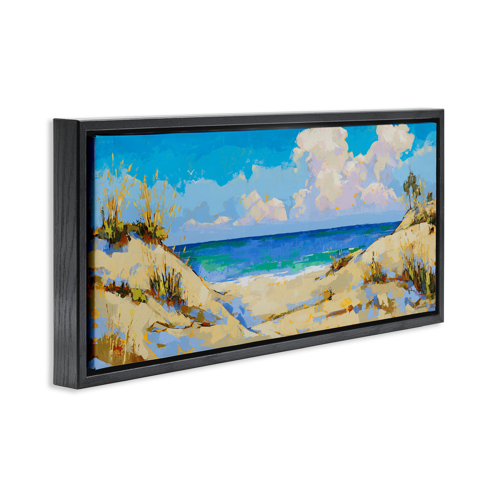 Stupell Industries Cloudy Beach Painting Landscape Painting Black Floater Framed Canvas Art Print Wall Art, 31 x 14