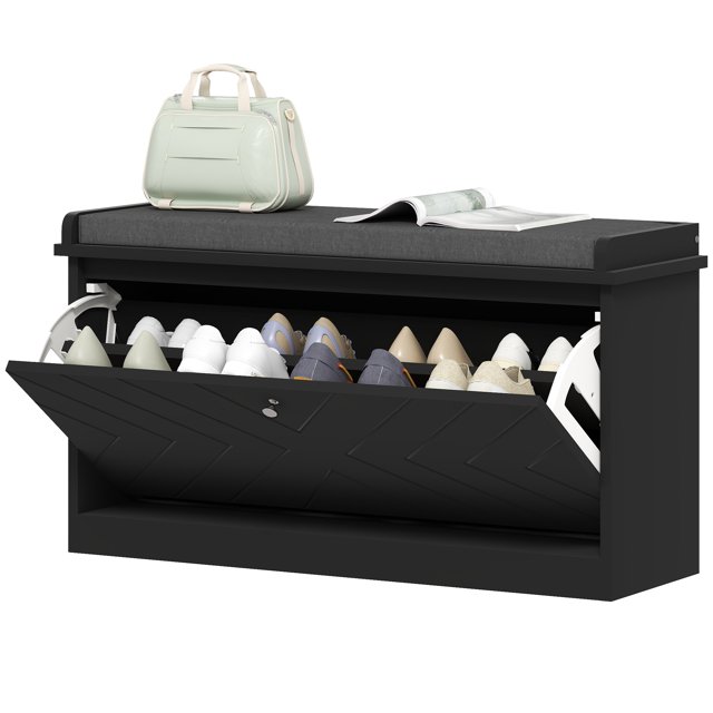 CoSoTower Rangement pour Chaussures avec Siège, Banc de Couloir Rembourré, Banc à Chaussures avec Tiroir Rabattable, Tablette Ajustable pour 8 Paires de Chaussures